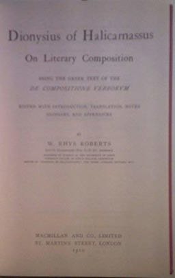 Dionysius of Halicarnassus On Literary Composition 1976 9780404145330 Front Cover