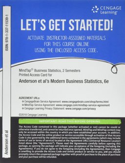 MindTap Business Statistics, 2 Terms (12 Months) Printed Access Card for Anderson/Sweeney/Williams/Camm/Cochran's Modern Business Statistics with Microsoft Office Excel, 6th